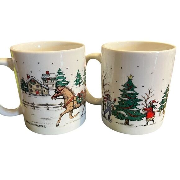 Vintage Miyazaki Create Christmas Village Mugs Winter Ceramic Set Of 2 - Picture 3 of 6